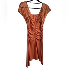 Studio Y Burnt Orange Ruched Lace Midi | Romantic Core • Soft Glam •Y2K